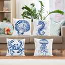 Chinoiserie Coastal Beach Pillow Covers 18x18, Blue and White Floral Seashell Sea Horse Crab Jellyfish Decorative Pillow Covers for Beach Room House Cabin Bedroom Home, Set of 4 haiyang4