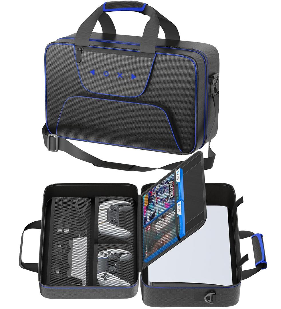 Carrying Case Compatible with PS5/Slim/Pro Disc & Digital, P S5 Travel Case for Play 5 Controllers, PS Portal, Game Discs, PS 5 Protective Travel Bag Play 5 Carry with Zipper Pocket, Black and Blue