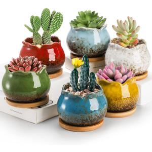TOPZEA Set of 6 Succulent Plant Pots, 4 Inch Glazed Ceramic Pots with Drainage and Saucer, Mini Bonsai Planter Small Flower Pots for Indoor Outdoor Use