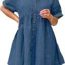 Womens Denim Babydoll Dresses Summer Outfits Button Down Ruffle Tiered Jean Dress, 3XL