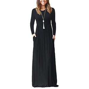 GRECERELLE Women Long Sleeve Casual Round Neck Loose Maxi Long Dress with Pockets, Black, XXL