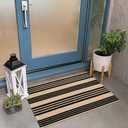 KIMODE Front Door Mats 24"x35", Striped Layered Door Mats Outdoor,Machine Washable Farmhouse Front Porch Rug Spring Decor,Cotton Hand Woven Rugs for Entryway Kitchen Black and Khaki