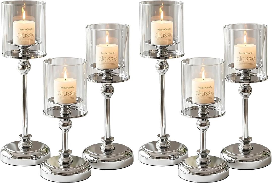 Sliver Hurricane Candle Holders - Set of 6 Tall Candlestick Holders Windproof Taper Candle Holders, Metal Stand for Table Centerpiece Outdoor Indoor Wedding Party Holiday Decor