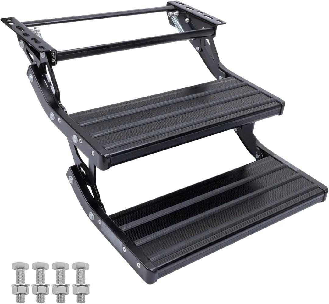 RV Steps, 2-Step, Manual Foldable RV Steps, 400 LBS Load Capacity, Retractable Aluminum Alloy Camper Steps, Thickened Steel Plate Trailer Steps, Non-Slip Design, Ideal for RV, Trailer, Camper, Black