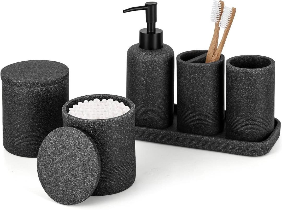 ZCCZ Black Bathroom Accessories Set 6 Pcs- Toothbrush Holder, Lotion Dispenser, 2 Qtip Container, Vanity Tray, Tumbler for Countertop Organizer - Modern Bathroom Decor and Storage Solution (Black Stone)