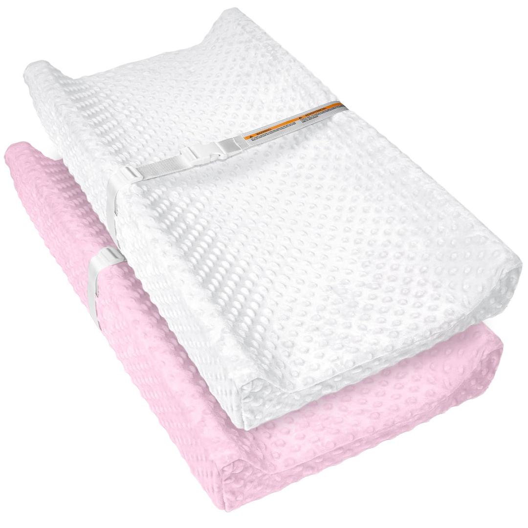 2 Pack Baby Changing Pad Covers, Super Soft Plush Dot Diaper Changing Table Covers Fit 32x16 Inch Changing Table Pad for Baby Boys & Girls, White+Pink