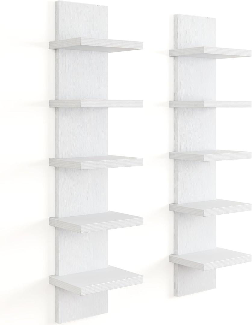5 Tier Wall Shelf Unit, Decorative Wall Mount Vertical Shelving, Floating Storage Home Decor Organizer Tall Tower Design Utility Shelving Bedroom Living Room, Modern White 2Pack