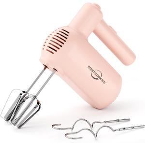 Hand Mixer Electric, 5 Speed Hand Mixer Electric Handheld with Turbo, Lightweight Stainless Steel Beaters, Dough Hooks, Blending or Cooking (Pink)