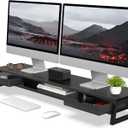 Fenge Dual Monitor Stand, Monitor Riser with Drawer, 42.5 Inch Large Computer Monitor Stand for 2 Monitors, 2 Tier Wooden Desk Shelf for Top of Desk (Black)