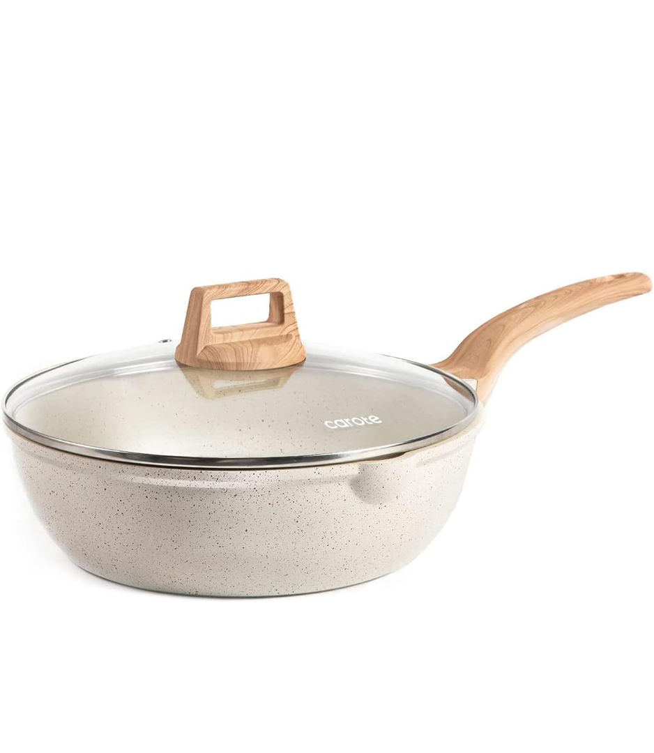 CAROTE 12Inch Nonstick Deep Frying Pan with Lid, 5.5 Qt Jumbo Cooker Saute Pan with Pour Spout, Skillet Induction Cookware, Non Stick Cooking Pan Kitchen Pan PFOA Free, White Granite