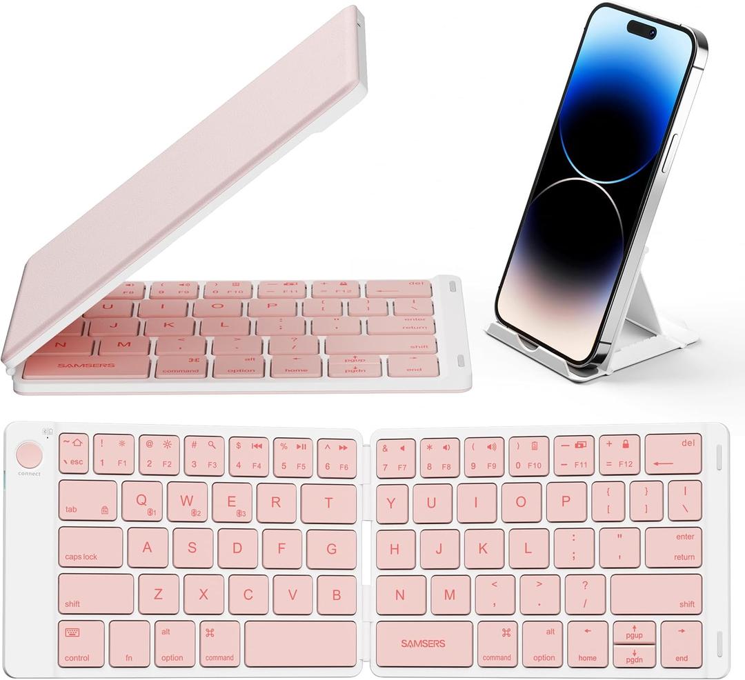 Samsers Bluetooth Foldable Keyboard - Wireless Portable Folding Keyboard, Full-Size Ultra-Slim Rechargeable Connect Up to 3 Devices for iOS, Android, Windows Phone, Tablet, Laptop - Pink (BT x 3)