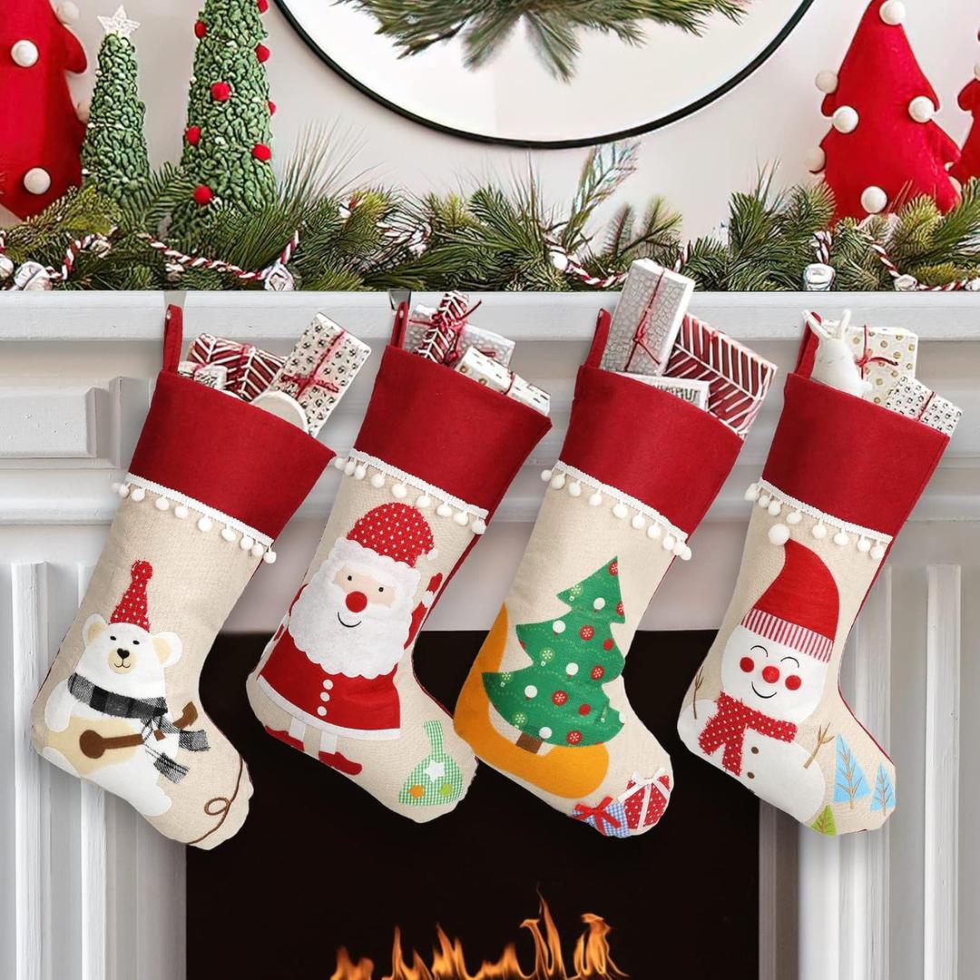 Christmas Stockings 4 Pack, 18'' Large Xmas Stockings with Santa Snowman Gnomes Pattern, Christmas Stockings for Family Stairs Fireplace Tree Hanging Home Decorations Party Season Decor (Santa Claus,snowman,bear,penguin)