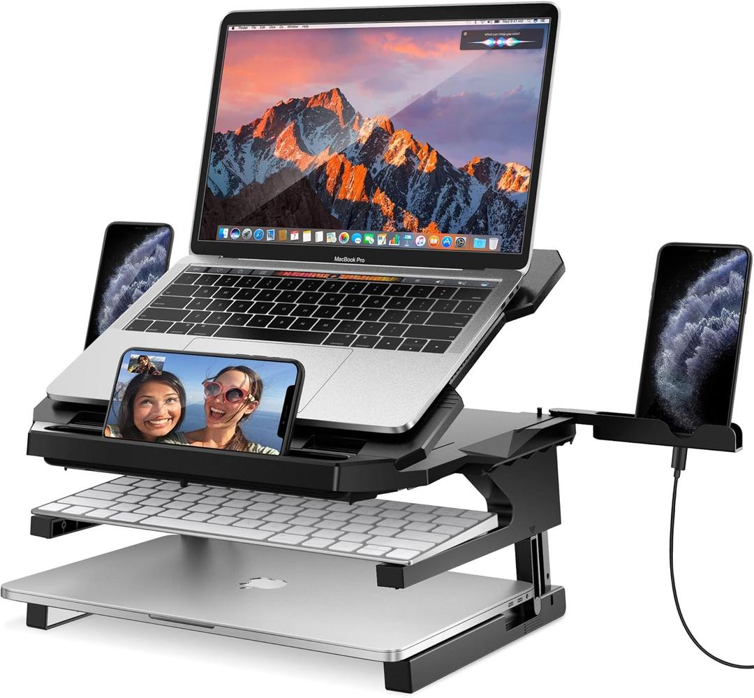 AboveTEK Laptop Stand, 20 Angles Two-Layer Height Adjustable Laptop Stands, Portable Laptop Riser with 360 Rotating Base Storage Space & Extra Phone Holders Compatible with 10''-17'' Laptops Black