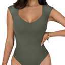 REORIA Women's Summer Sexy Casual V Neck Double Lined Seamless Sleeveless Slimming One Piece Leotards Going Out Trendy Tank Top Tees Thong Bodysuits Grey Green Small