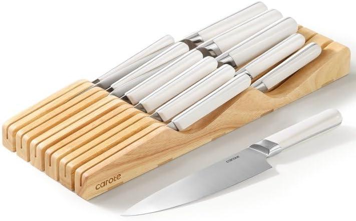 CAROTE 12PCS Knife Set, Stainless Steel Kitchen Knife Set with Drawer Store Kinife Organizer, Cutlery Set with Block, Dishwasher Safe, White (Include Knives)