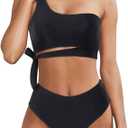 MOOSLOVER Women One Shoulder High Waisted Bikini Tie High Cut Two Piece Swimsuits (Small, Black)