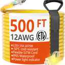 HUANCHAIN 500 ft Outdoor Extension Cord Waterproof 12/3 Gauge Heavy Duty with Lighted end, Flexible Cold-Resistant 3 Prong Electric Cord Outside, 15Amp 1875W 12AWG SJTW, Yellow, ETL
