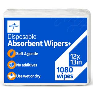 Medline Absorbent Wipers+ Disposable Heavy Duty Dry Wipes, 12" x 13" (90 Count, 8 Pack)