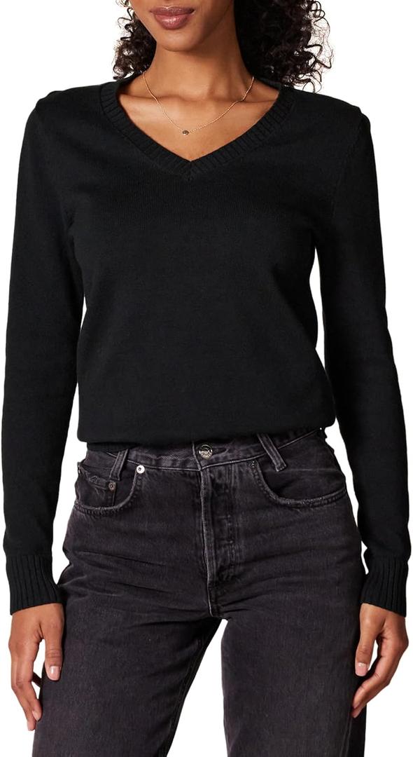 Amazon Essentials Women's Lightweight Long-Sleeve V-Neck Cotton Sweater (Large, Black)