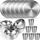 Sunnyray 6 Sets Stainless Steel Plates Bowls and Cups Metal Camping Stainless Steel Dinnerware for Serving Reusable Double Walled Insulated Plates Bowls and Cups for Rice Ice Cream