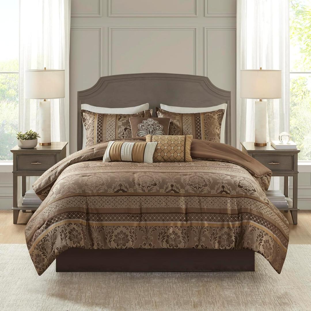 Madison Park Traditional Jacquard Damask Comforter Set, 7PC  Bed Set | All Season Down Alternative Bedding with Comforter, Shams, Bed Skirt, Decorative Pillows, Luxurious Bed in a Bag, Brown/Gold, Queen (Skirt And Pillows Only)