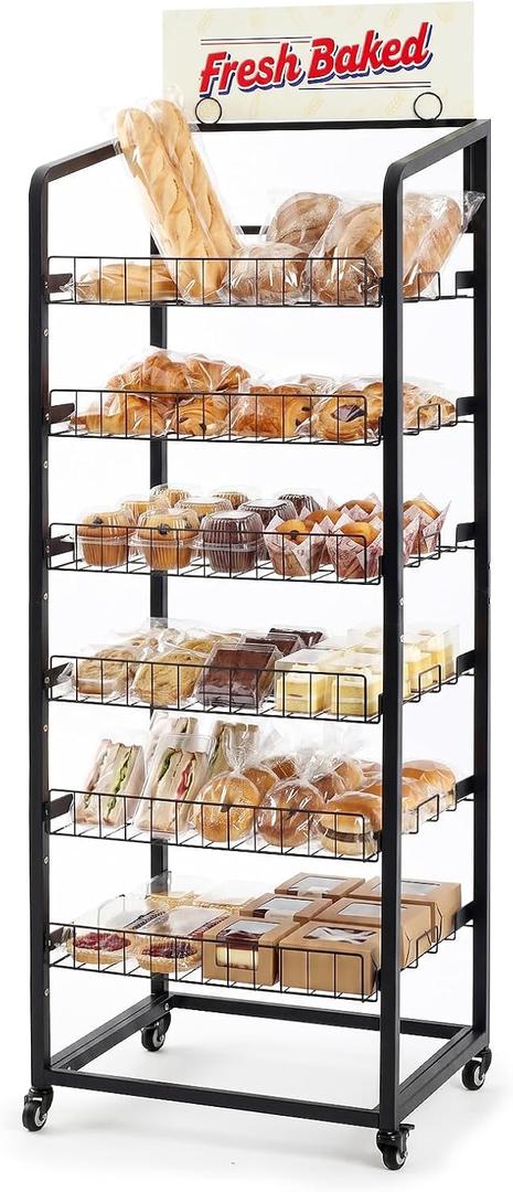 6-tier Narrow Bakery Display Rack on Wheels, 24" W x 18.9" D x 65" H