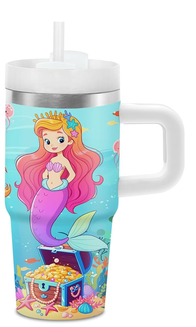 Mermaid Tumbler with Handle and Straw for Kids 14oz, Insulated Stainless Steel Little Mermaid Girls Cup Mug, Birthday Christmas Gifts for Kids Girls