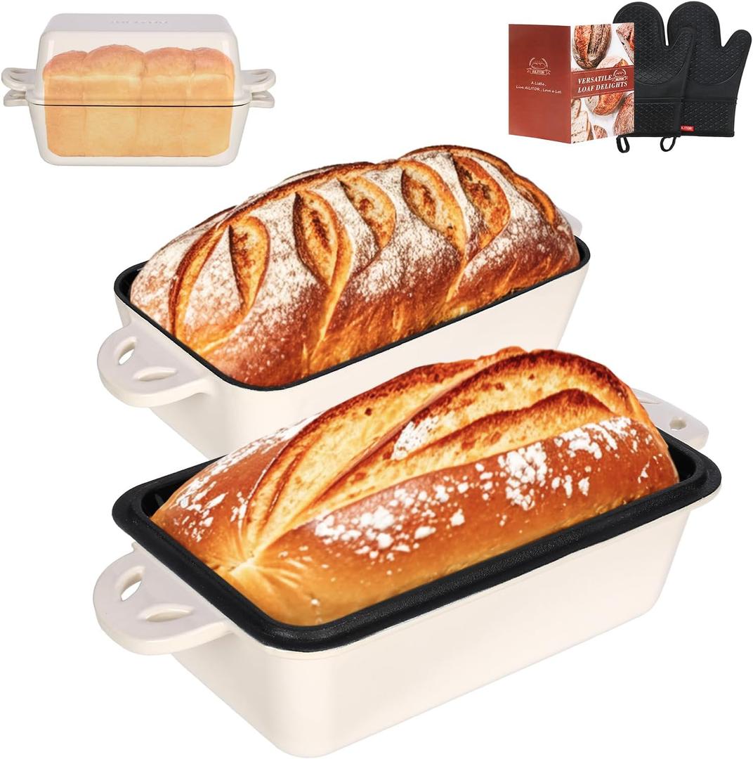 9x5 Enameled Cast Iron Loaf Pan with Lid - 2 in 1 Bread Pan for Baking Homemade Sourdough (Cream White)