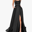 Women's Elegant Long Prom Dresses with Pockets Satin Halter Spaghetti Strap Wedding Dress Gowns, Size S