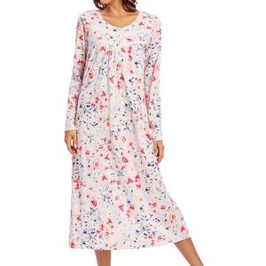 FMIRREO Long Cotton Nightgown Women's Long Sleeve Sleepwear Pleated Floral House Dress Soft Comfy Night Dress for Ladies (A01-pink Red Green Flower)
