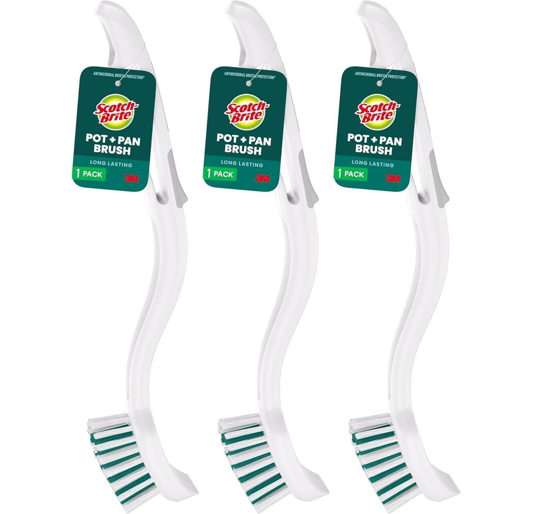 Scotch-Brite Pot Pan & Dish Brush, 3 Cleaning Brushes for Kitchen and Bathroom, Safe on Cookware, Stainless Steel, Outdoor Furniture, Showers & Sinks, Clean in Top Rack of Your Dishwasher