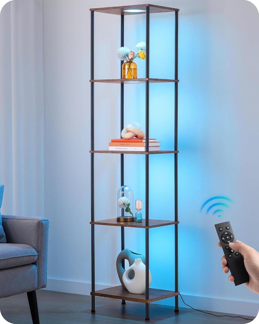 EDISHINE RGBW Standing Lamp, 5-Tier Display Shelf with Light, Adjustable Brightness & Color Temperature, 3 Lighting Modes, Remote Control, Stable Floor Lamps for Living Room, Fire-Burned Wood Color