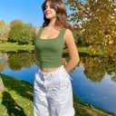 OQQ Womens 2 Piece Crop Tops Rueched Sleeveless Square Neck Stretch Basic Tank Shirts (Green, L)