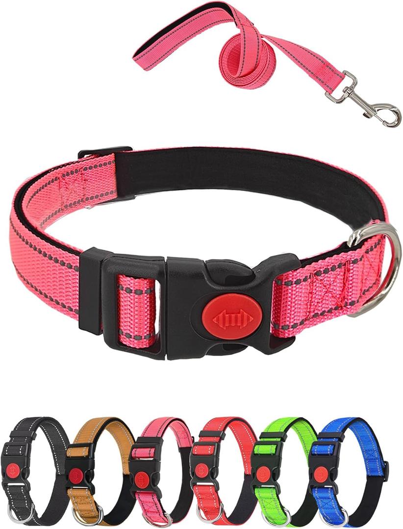 Aeclleca Reflective Dog Collar and Leash Set with Safety Locking BuckleAdjustable Soft Nylon Pet Collars for Small Medium Dogs (Pink, XL)