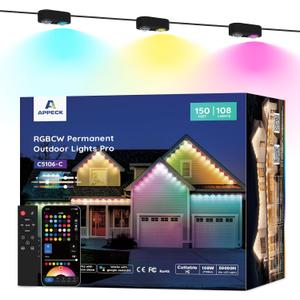 APPECK Permanent Outdoor Lights Pro 150ft, 108W RGBCW Eaves Light with 108 LED Lights, 80lm, Cuttable, 111 Scene Modes, IP67 Waterproof Lighting for Halloween Decoration, Compatible with Alexa, Black