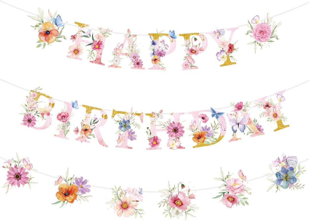 4 x Wildflower Birthday Decorations for Girls - 3 Pcs Wildflower Happy Birthday Banner Decoration Party Supplies, Garland Flower Party Decor for Women Girl