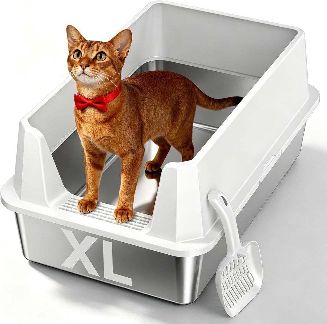 Stainless Steel XL Cat Litter Box for Big Cats, High-Sided Design Prevents Urine Leakage, Non-Stick, Easy to Clean, Odor Control, Includes Scoop, Gray