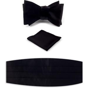 NV Holders: Men's Premium 100% Silk Cummerbund, Bow Tie, Handkerchief - Black Tuxedo set (Black)