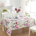 Newbridge Sophia Pom Pom Rectangle 60 x 102 Inch Fabric Tablecloth, Wrinkle and Stain Resistant Pink and Purple Floral Table Cover for Indoor Outdoor Dinner Parties (Multi Color)