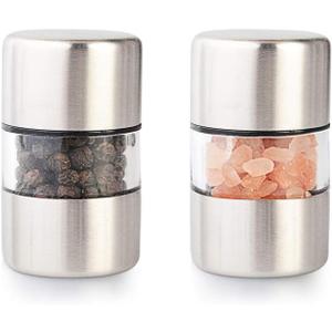 T-mark Premium Sea Salt and Pepper Grinder Set - Spice Mill with Brushed Stainless Steel, Small Portable Ceramic Salt & Pepper Shakers (4-Pack)