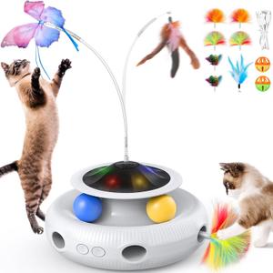 Pawtners Interactive Cat Toy: 4 in 1 Automatic Interactive Kitten Toys for Indoor Cats Rechargeable with Fluttering Butterfly, Track Balls and Ambush Feather (White Toy+8 Feathers+4 Balls)