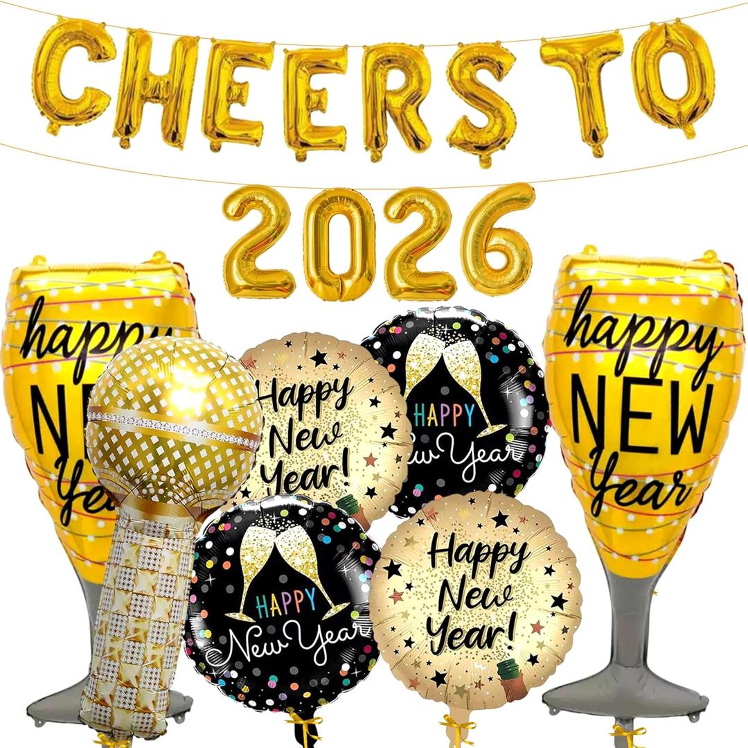 Huge, Cheers To 2026 New Years Balloons - Pack of 19 | Wine Glass Balloons, Microphone Balloon,Black and Gold Happy New Year Foil Balloon, New Years Eve Party Supplies 2026, New Years Decorations 2026