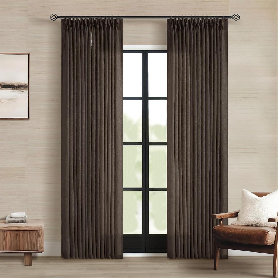 Dark Chocolate Pinch Pleated Linen Curtains 2 Panels for Living Room Bedroom Memory Training Shaped Semi Sheer Pleat Drapes with Hooks Rings Light Filtering Window Curtain 40x84