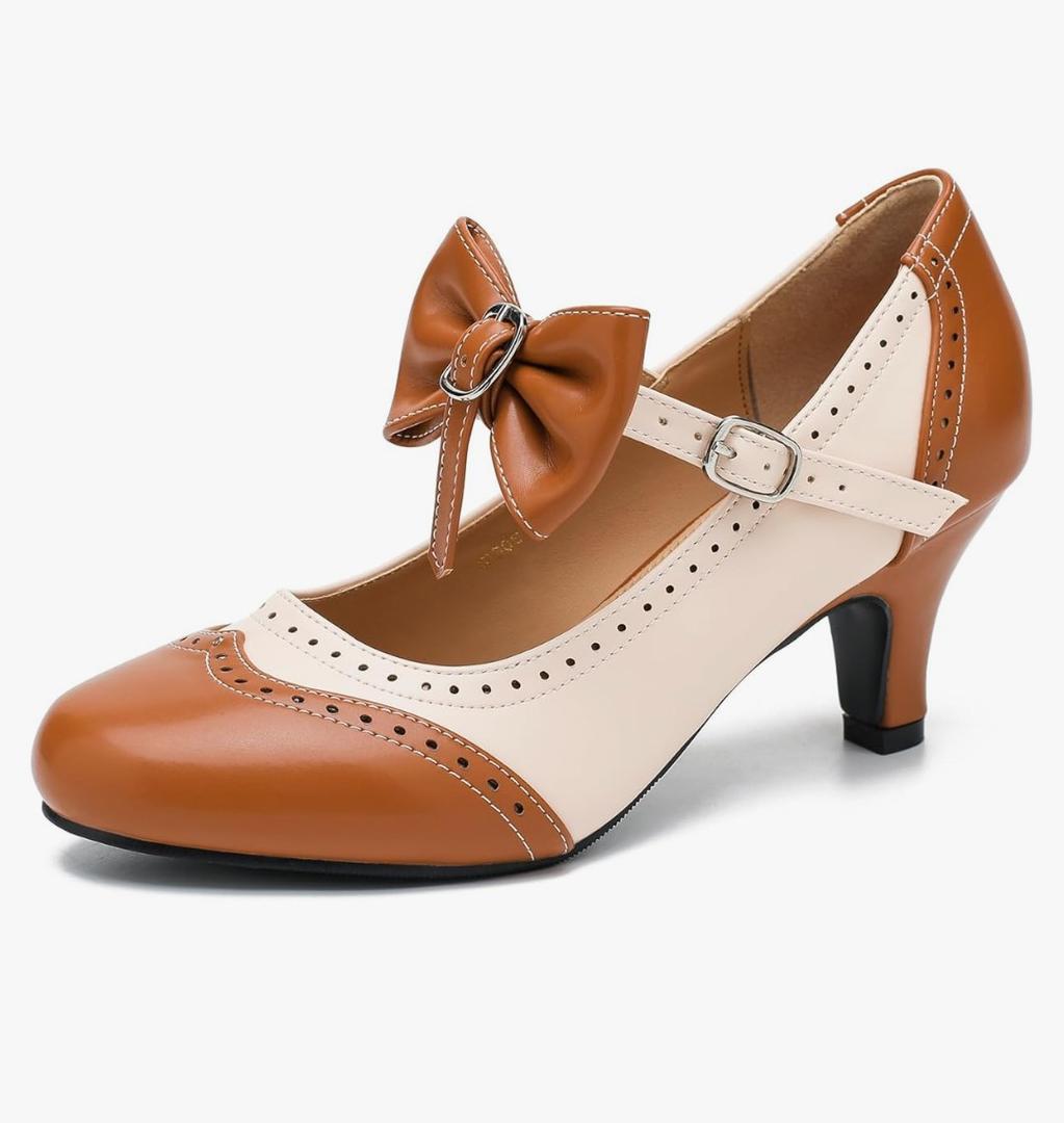 LIURUIJIA Women's Low Kitten Heel Mary Jane Oxfords Pumps Comfortable Ankle Strap Dress Shoes with Bow 7.5