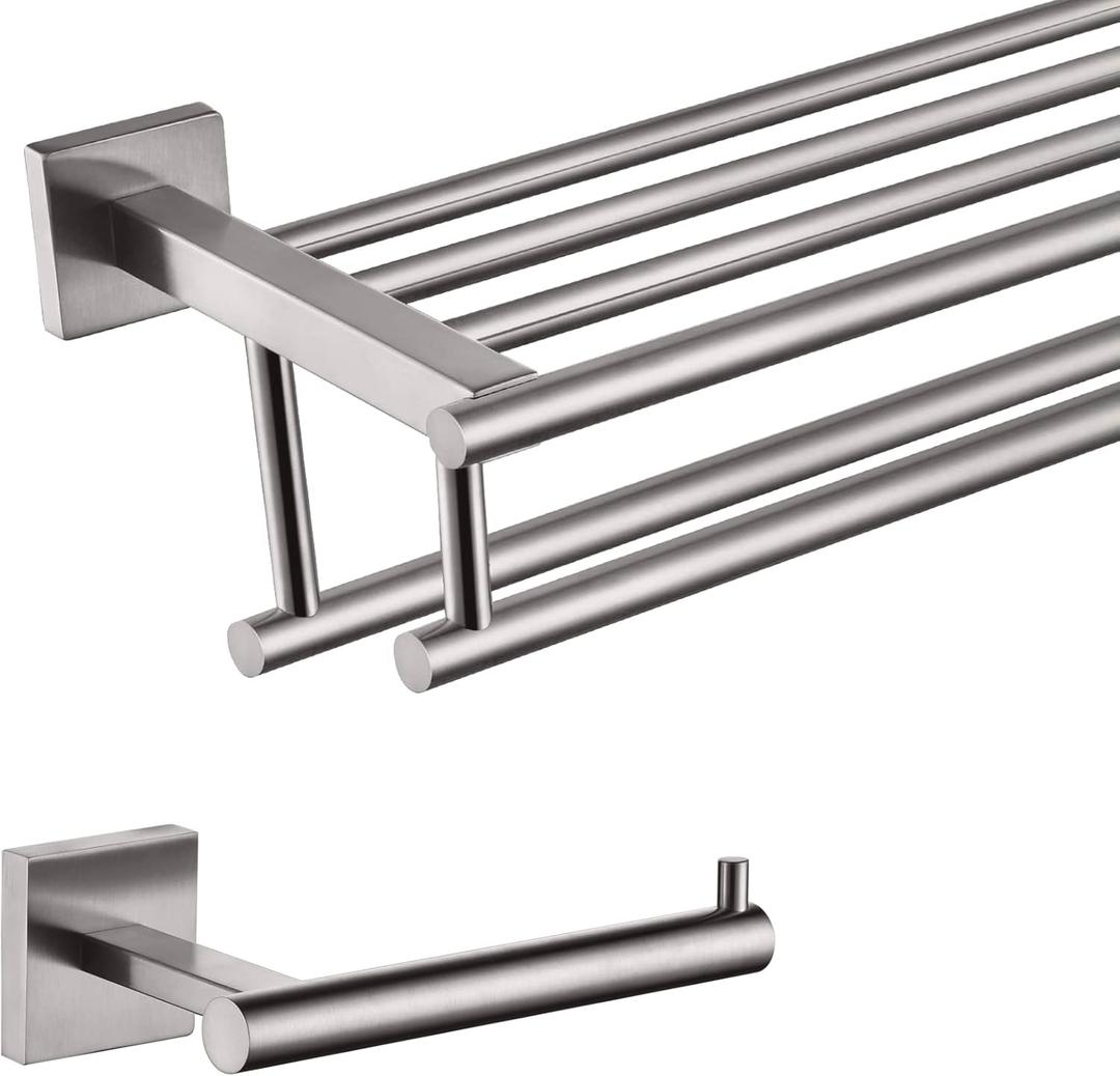 KOKOSIRI 24 Inch Bath Towel Rack with Double Towel Bars Bathroom Towel Shelf Toilet Paper Holder Toilet Roll Holder Hold Mega Rolls Brushed Nickel B6005BR-L24+B2005BR