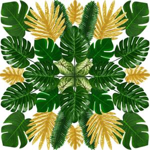 Tropical Party Decorations, 50 Pieces 7 Kinds Artificial Palm Leaves Green and Gold Tropical Monstera Leaves with Stems for Hawaiian Luau Party Jungle Beach Table Leave Decorations