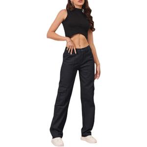 THWEI Cargo Pants for Women High Waisted Casual Pants Y2K Streetwear with 6 Pockets (Medium, Black)