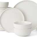Famiware Starlight 24-Piece Plates and Bowls Sets for 8, Stoneware Dinnerware with Ribbed Textured, Handcrafted Reactive Glaze Dishes - Dishwasher & Microwave Safe, Chip/Scratch Resistant, Matte White