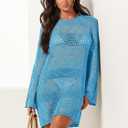 ANRABESS Women Swimsuit Crochet Swim Cover Up 2026 Summer Bathing Suit Swimwear Mesh Knit Beach Dress Vacation Outfits (Small, Blue)