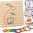 Coogam Wooden Geoboard Mathematical Manipulative Material Array Block Geo Board  Graphical Educational Toys with 30Pcs Pattern Cards and Latex Bands Shape STEM Puzzle Matrix 8x8 Brain Teaser for Kid